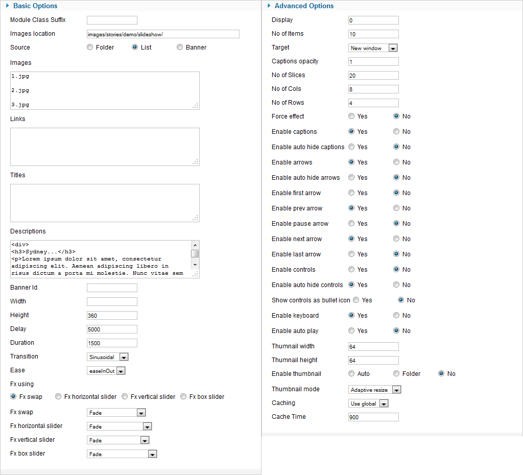 JV Slideshow back-end configuration