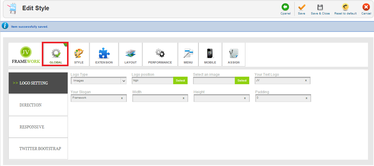 JV Framework Global Settings