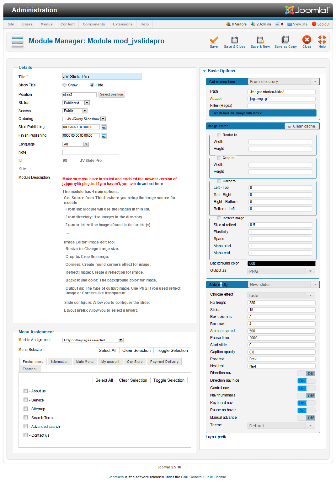 JV Slidepro back-end settings