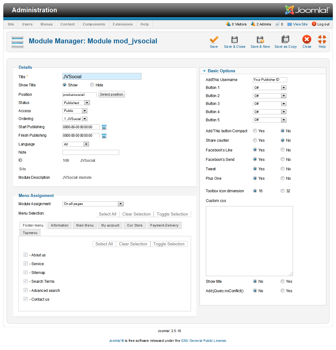 JV Social back-end settings