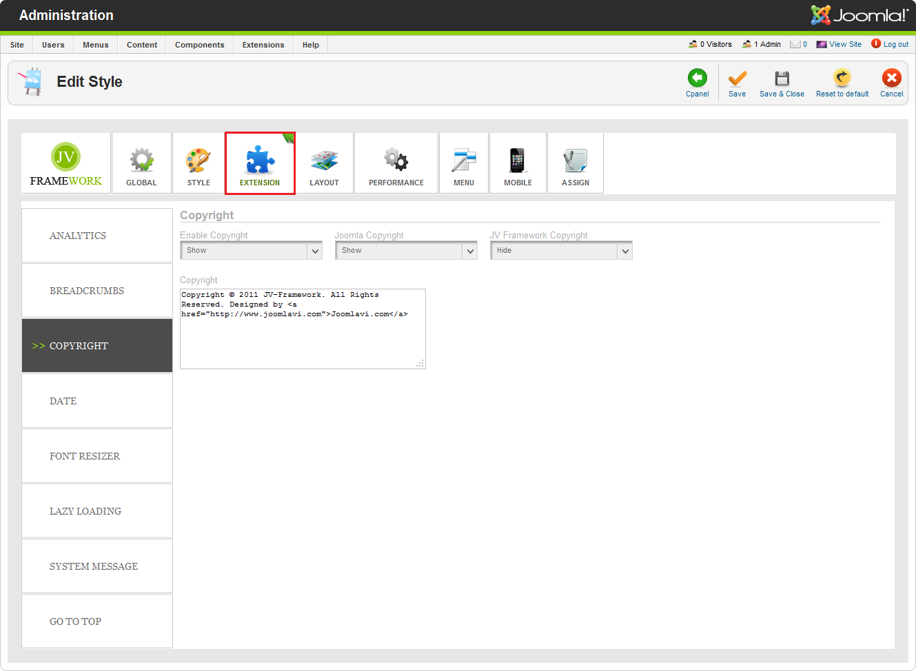 JV Framework extension settings