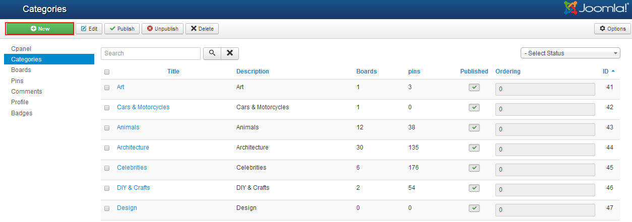 manage categories in jv pintertest