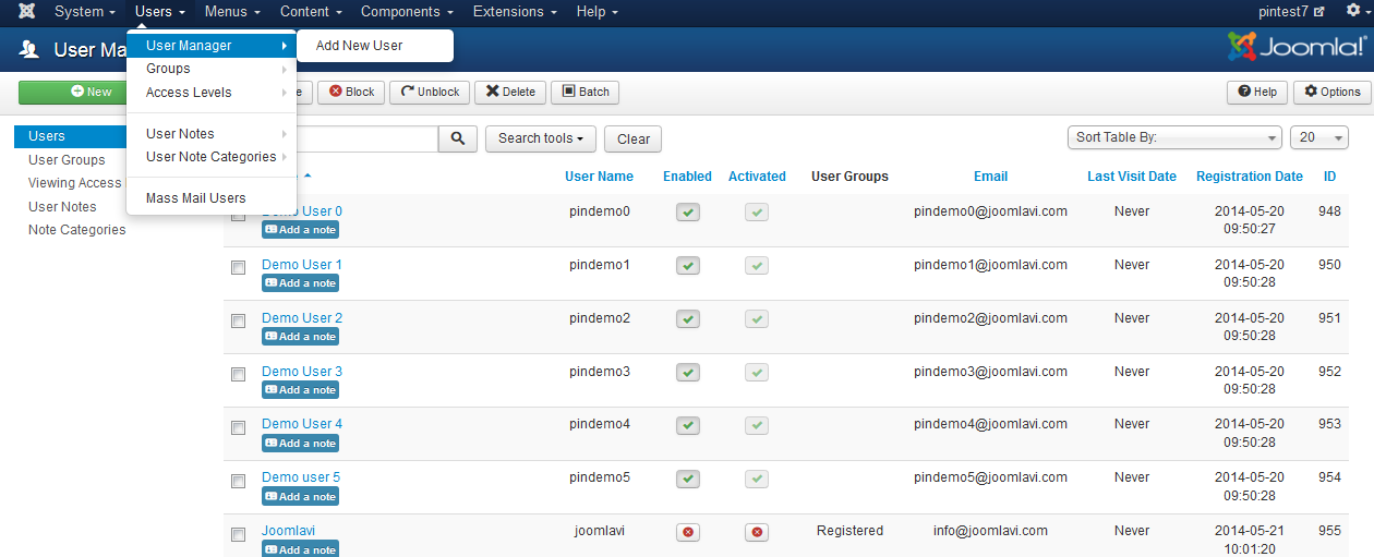 manage users jv pintertest