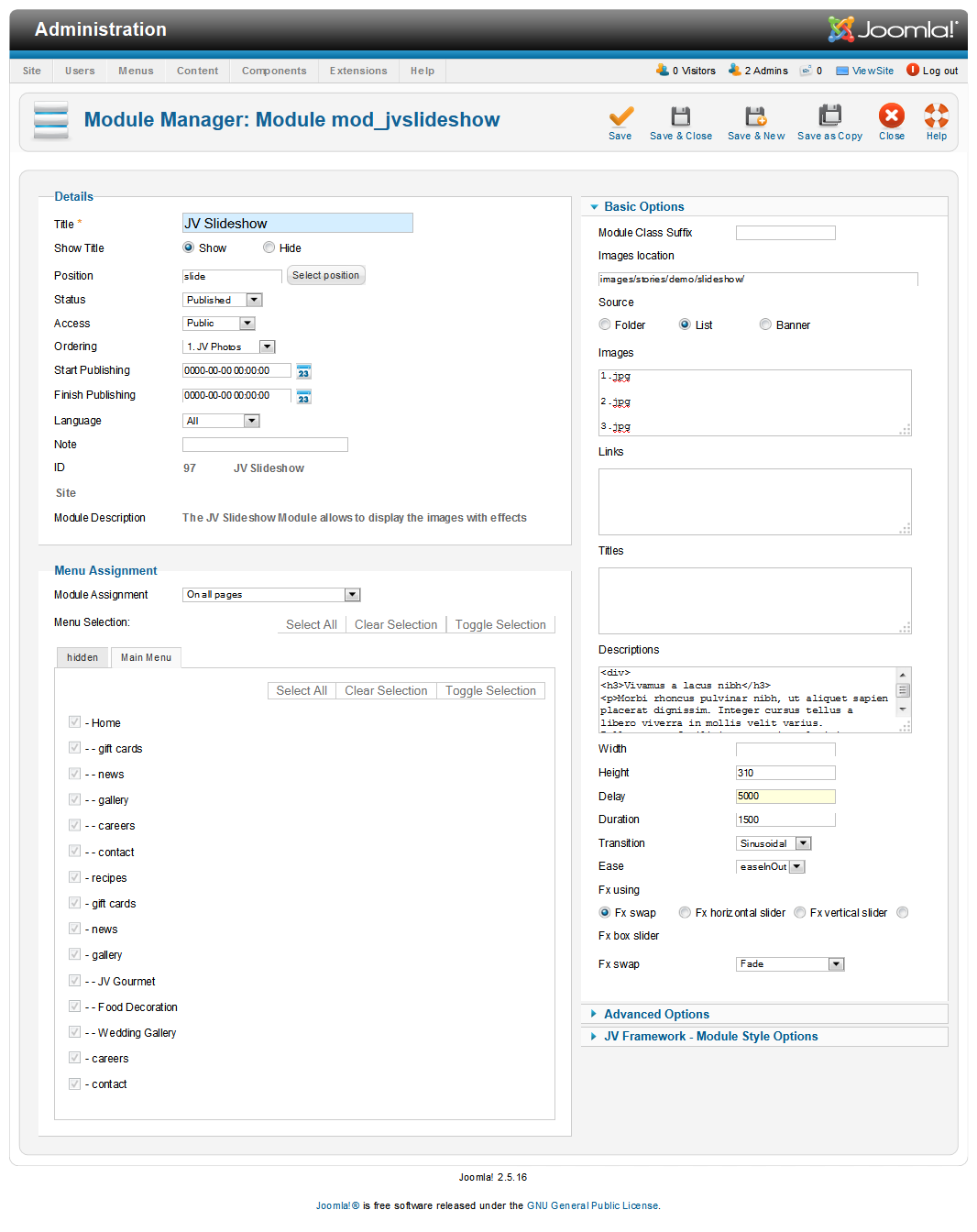 JV Slideshow backend configuration