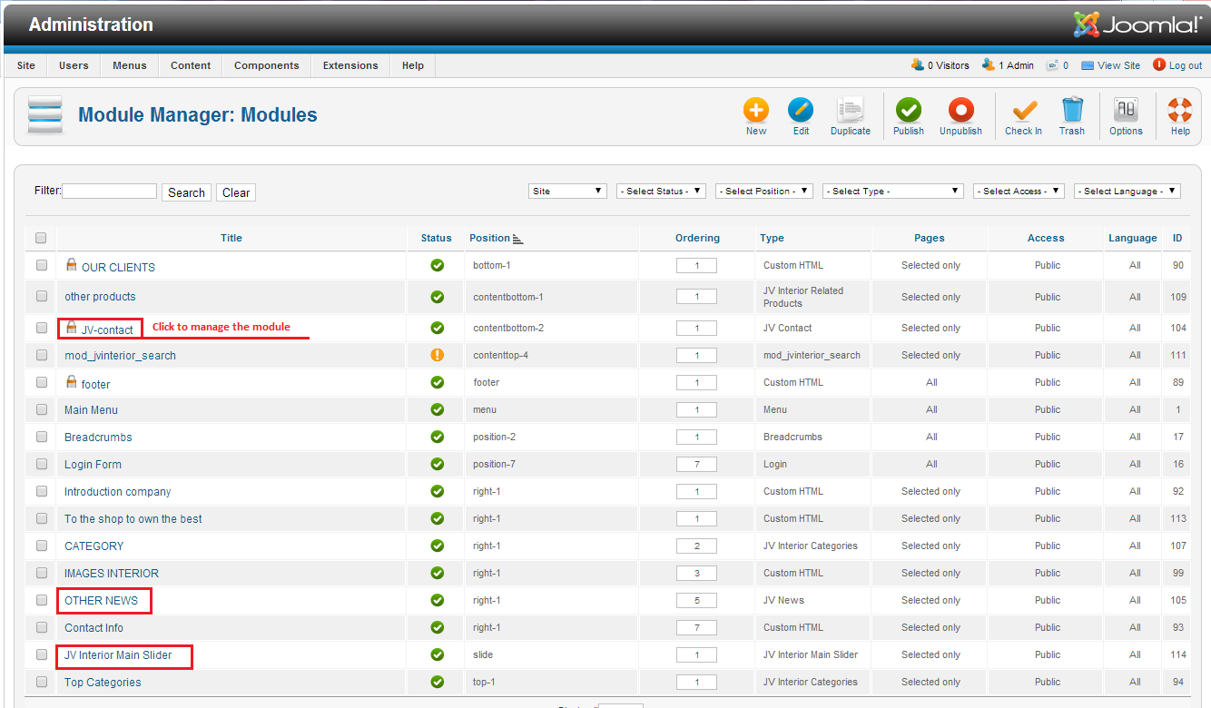 manage modules in JV Interior