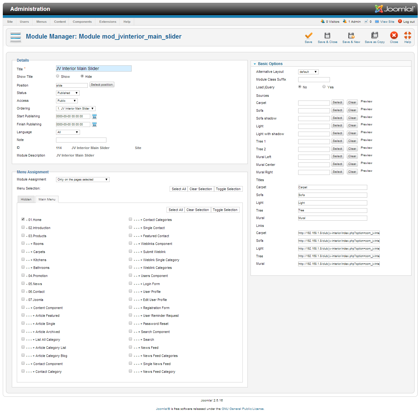 JV Slider Backend configuration