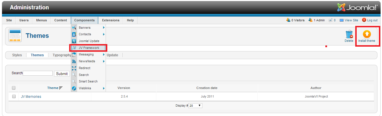 install JV Memories theme through JV Framework