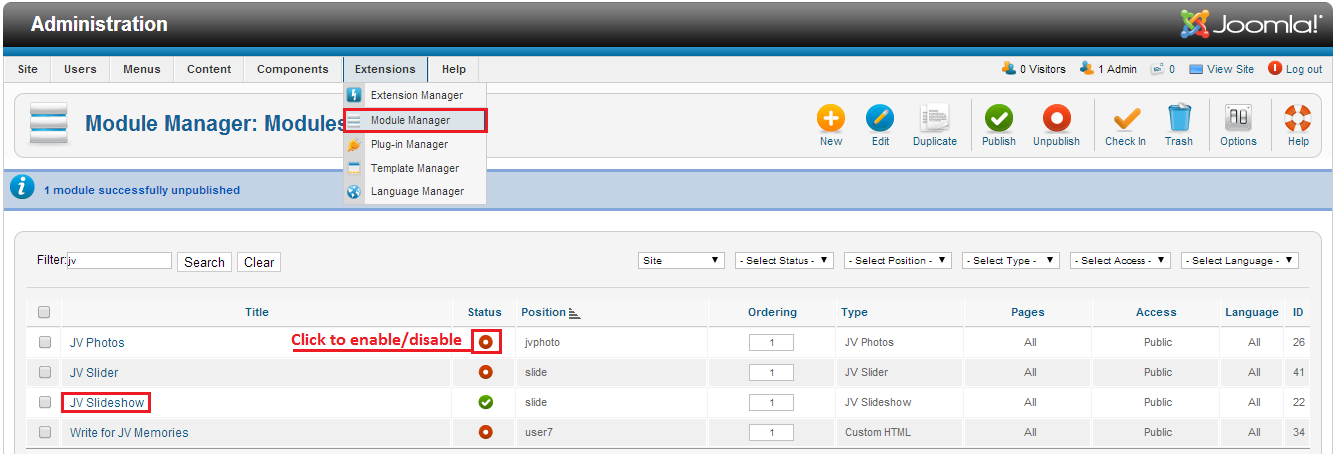 manage modules in JV Memories