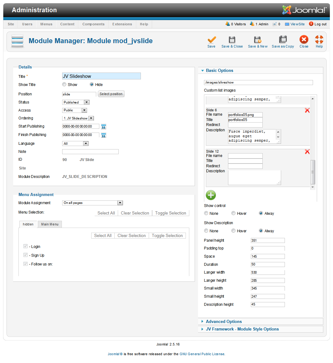 JV Slideshow back-end configuration