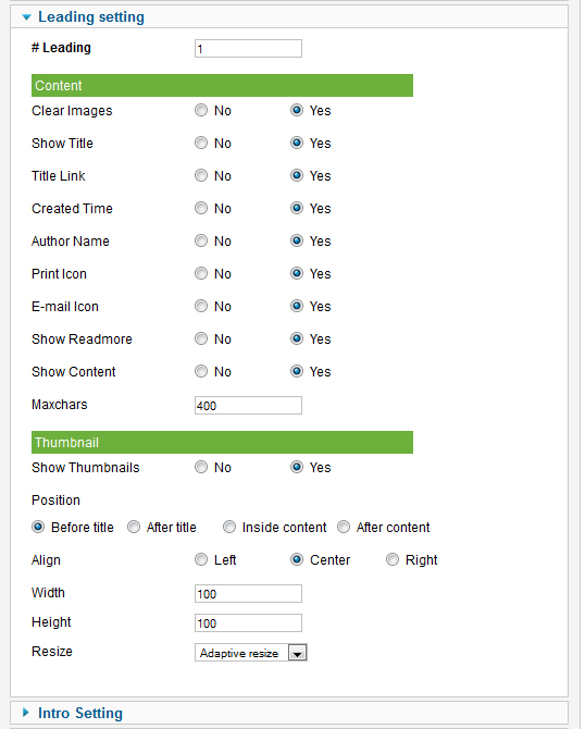 module news leading settings