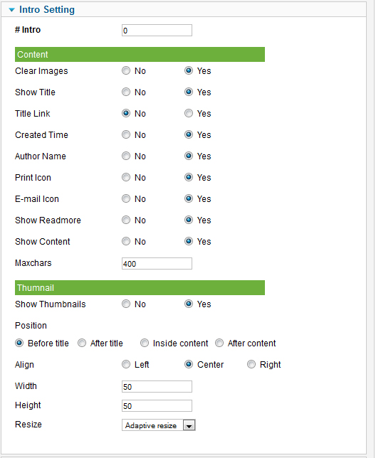 module news intro settings