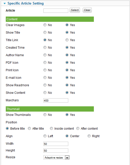 module news article settings