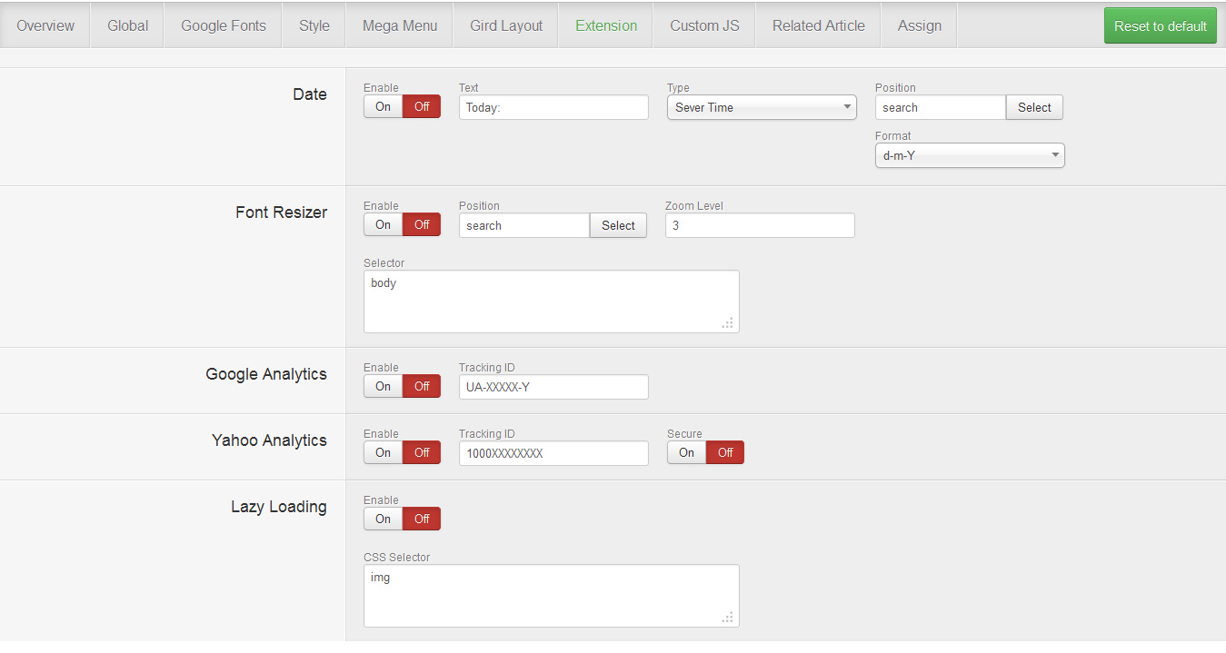 JV Framework extension settings