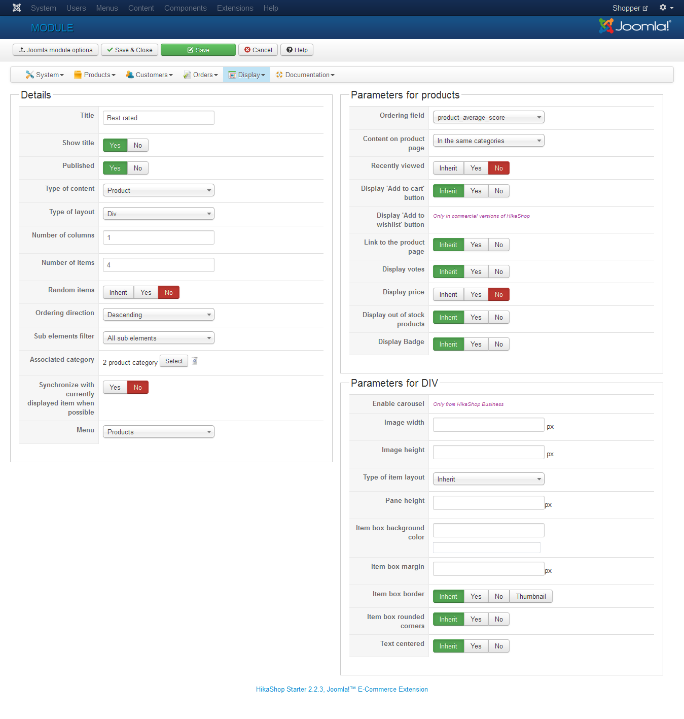 hikashop component configuration