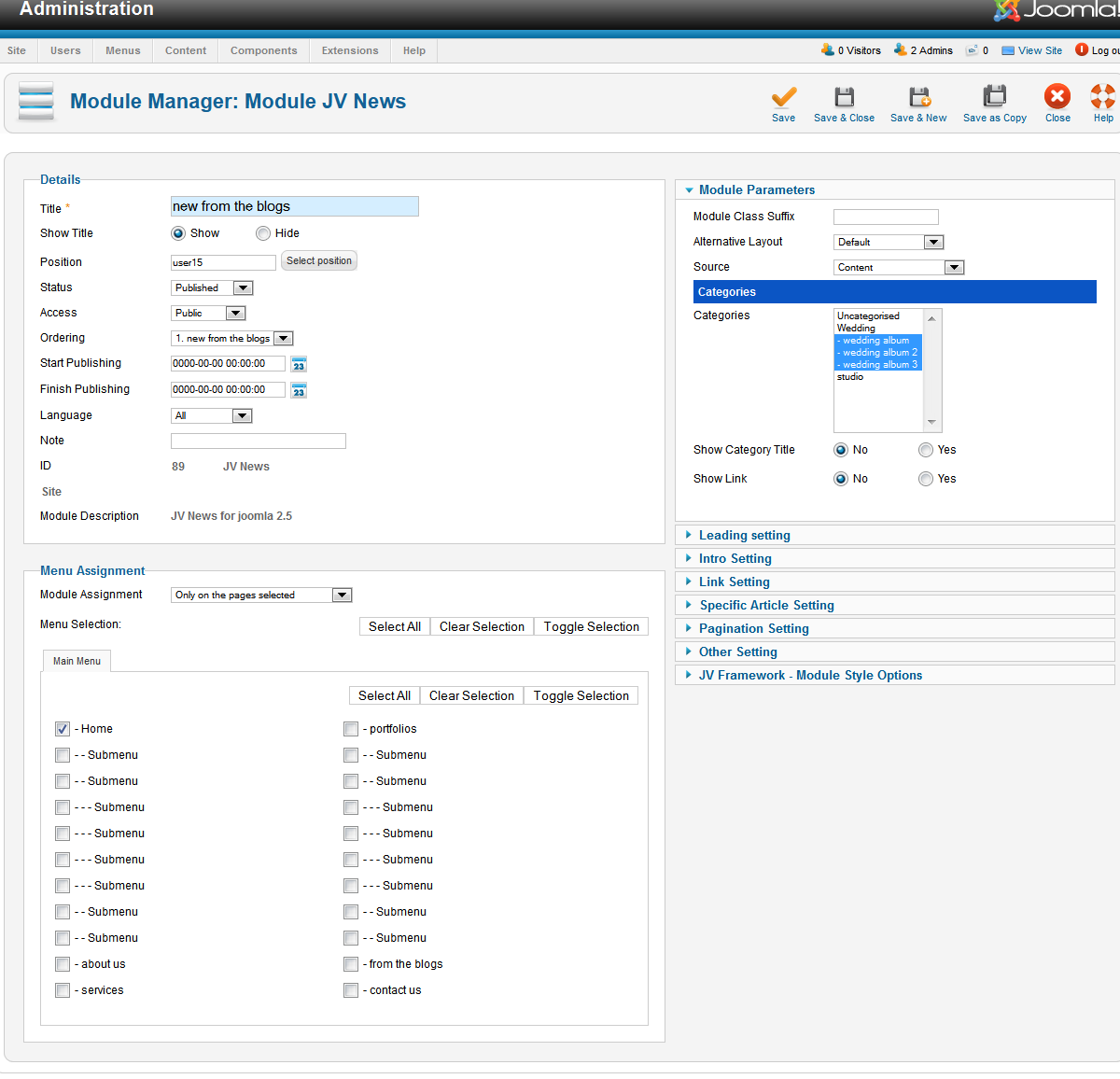 JV News back-end configuration 