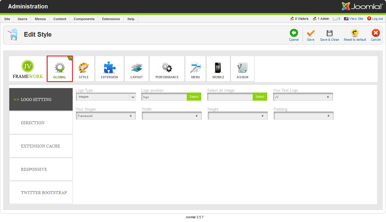 JV framework global settings