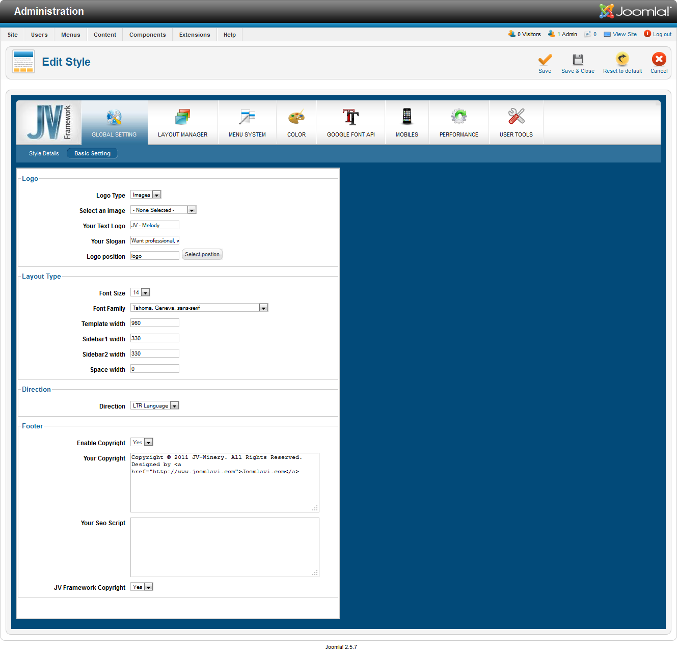 JV Framework Global configuration