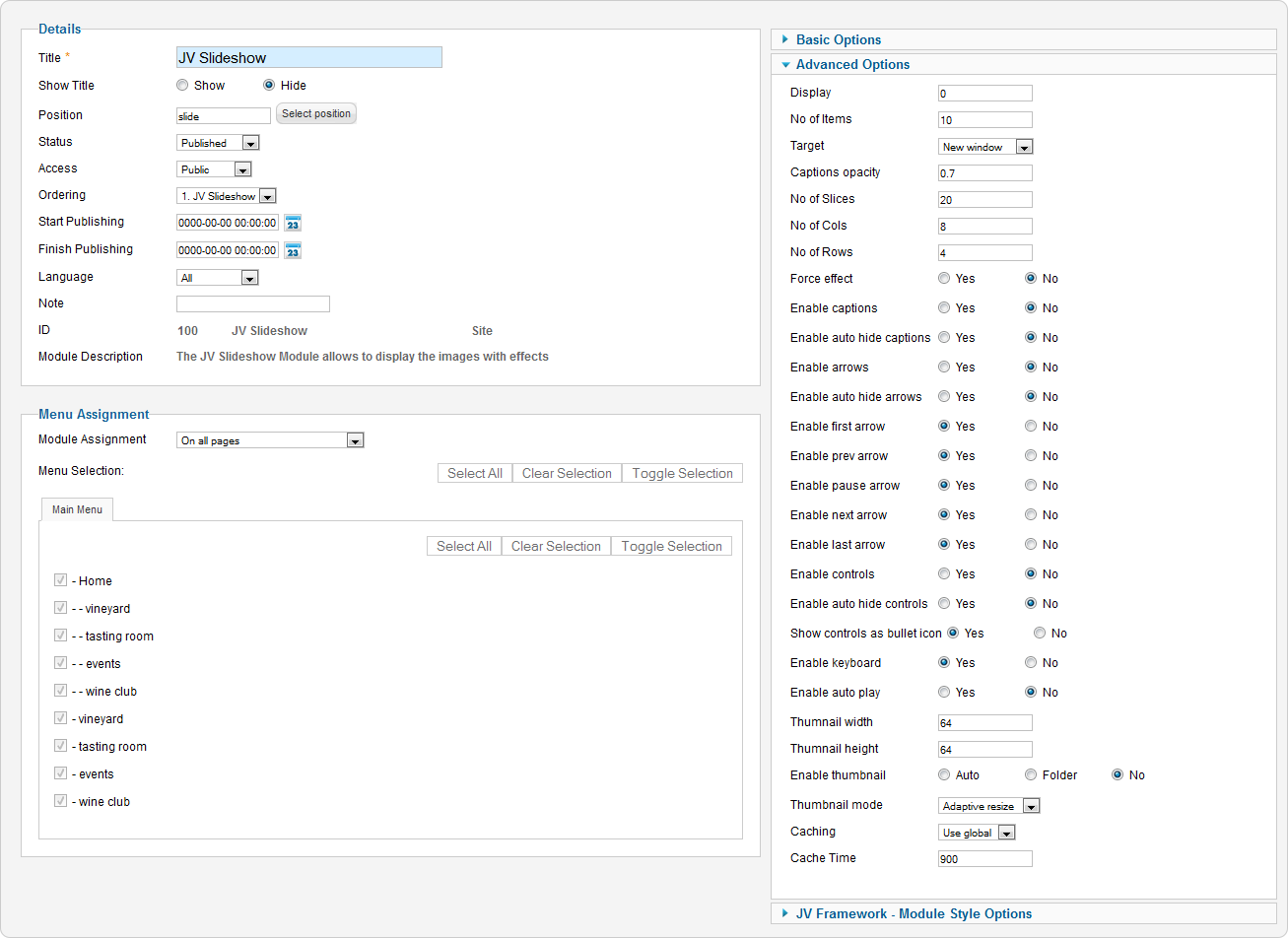 JV Slideshow backend configuration