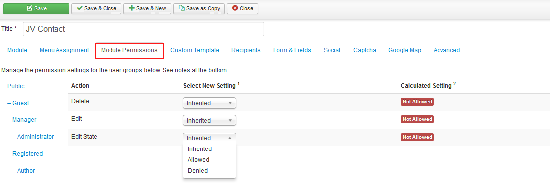 tab module permission in jv contact