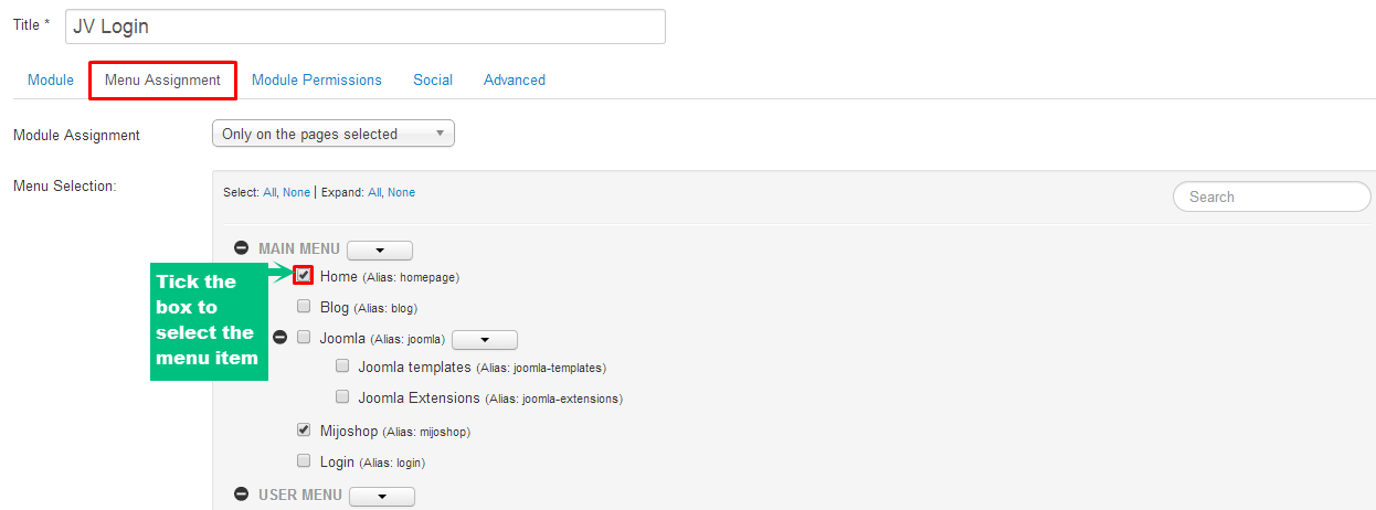 menu assignment in joomla