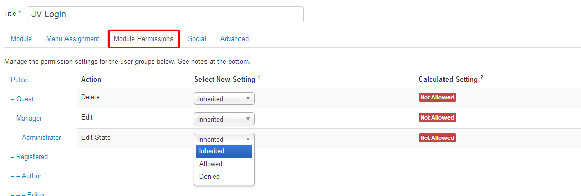 module permissions in joomla