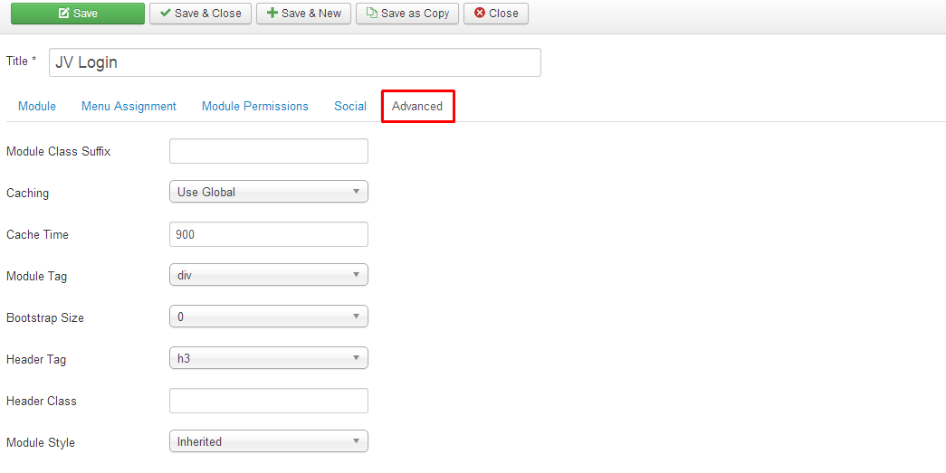advanced tab in joomla module manager