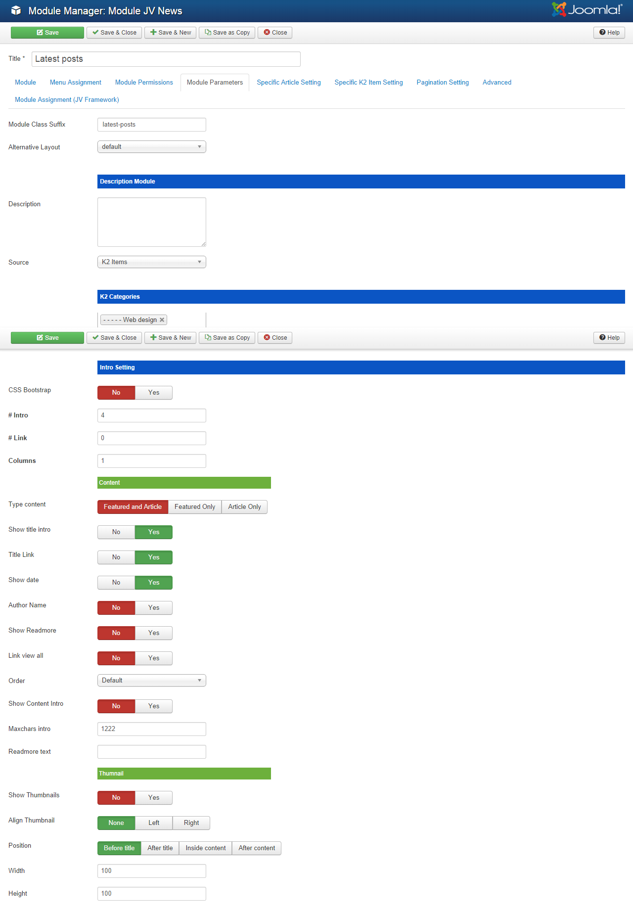 JV Latest News Backend settings