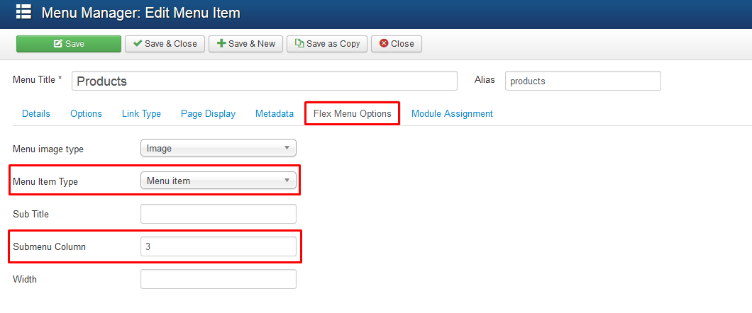 flex menu option