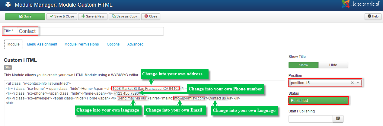 module contact backend settings