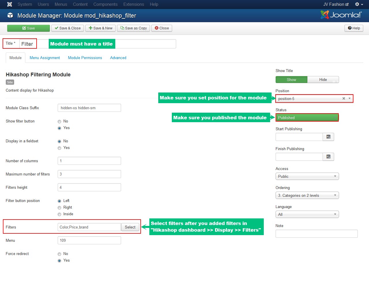 module hikashop filter backend