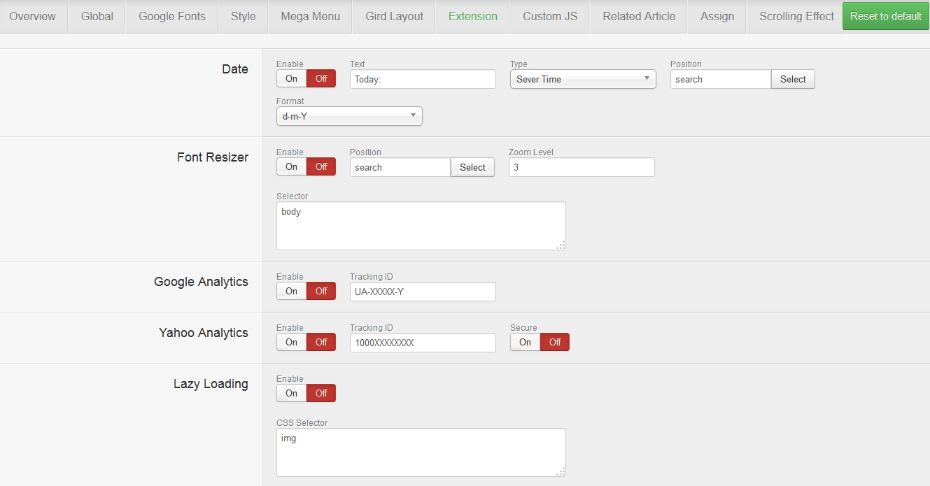 JV Framework extension settings