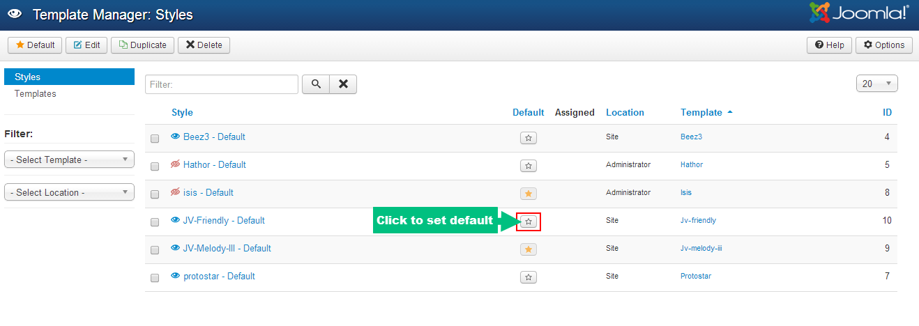 set default template in joomla